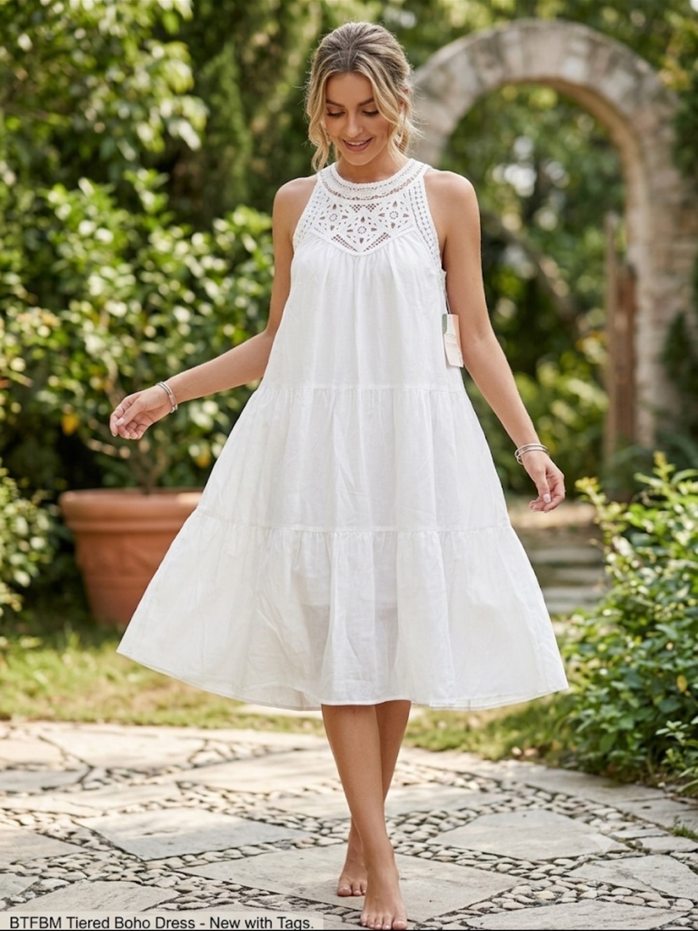 BTFBM NWT White Crochet High Neck Tiered Sun Dress Sleeveless Boho Medium